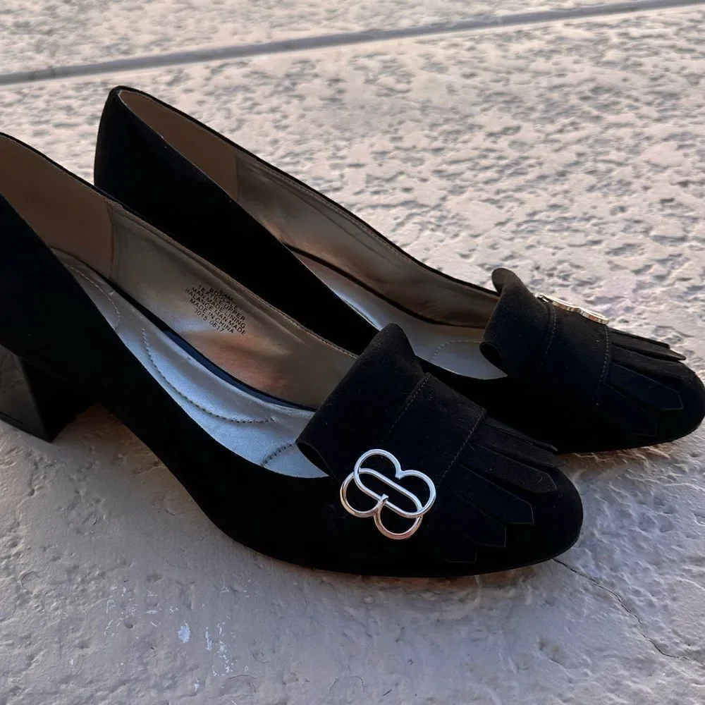 Bandolino Women's Black Suede  Chunky Heel Pumps Kiltie Tassel Shoes SZ 9.5